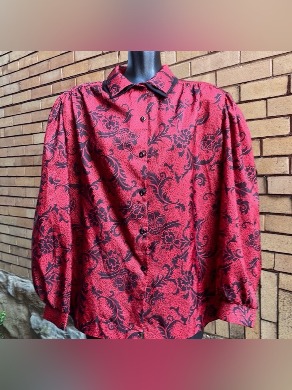 Vintage 80’s Lady Manhattan Red & Black Baroque Floral Power Blouse Size 20W
